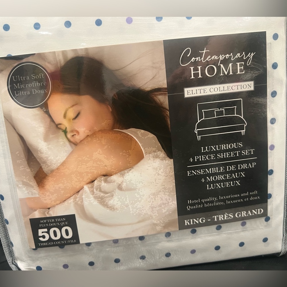 Contemporary Home Elite Collection 4-Piece White & blue Sheet Set king size NWT